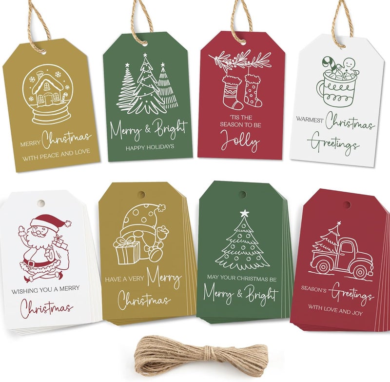 AUDREE 48 Pcs Christmas Gift Tags with String - Funny Holiday Gift Tags for Xmas Presents - Christmas Name Tags for Gifts - Hanging Labels Decoration Xmas Winter Holiday Present DIY Crafts - Image 1